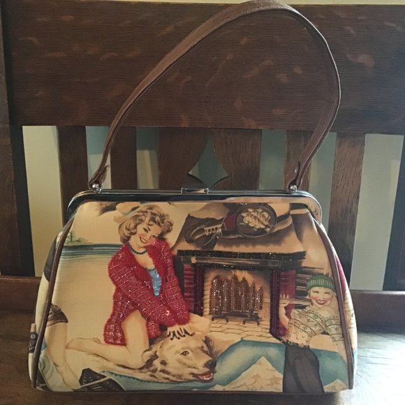 Isabella Fiore Handbags - Isabella Fiore Beaded Girl on a Bear Rug Vintage Looking Fabric Hand Bag Purse